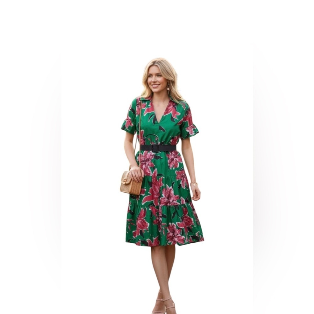 ZARA.  Green Tiered Midi Dress with Notched Collar 100% Cotton.
